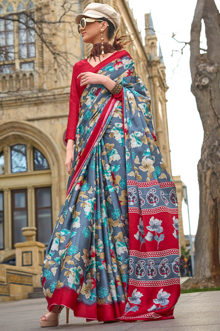 Storm Grey Printed Satin Silk Saree