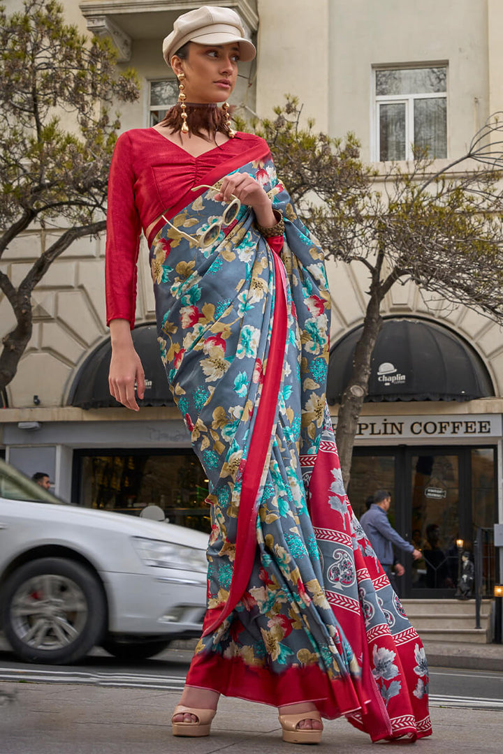 Storm Grey Printed Satin Silk Saree