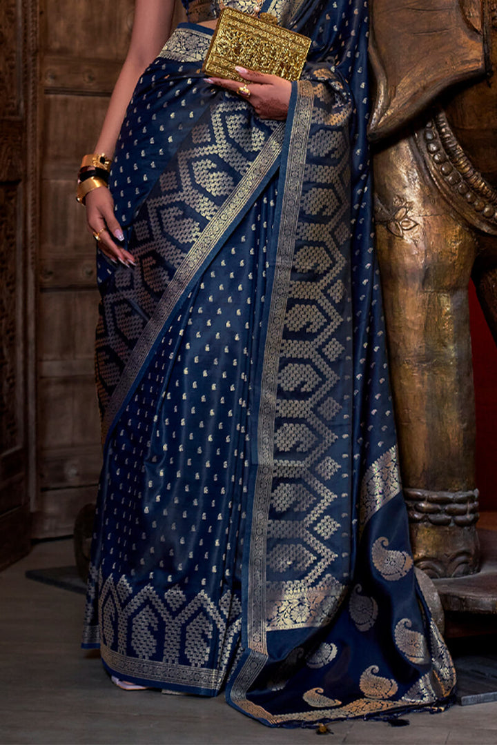 Stratos Blue Banarasi Satin Silk Saree