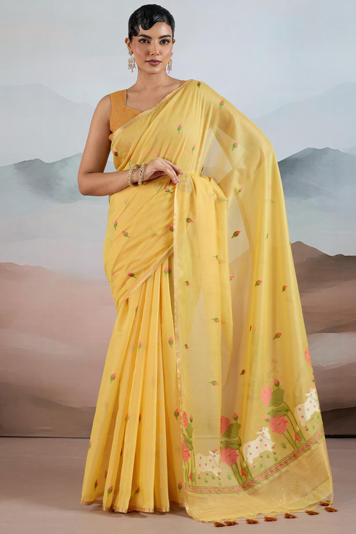 Straw Yellow Woven Spun Cotton Saree