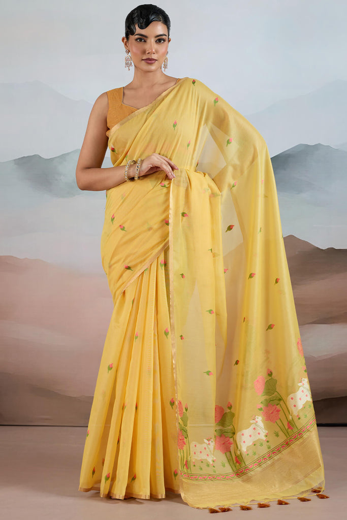 Straw Yellow Woven Spun Cotton Saree