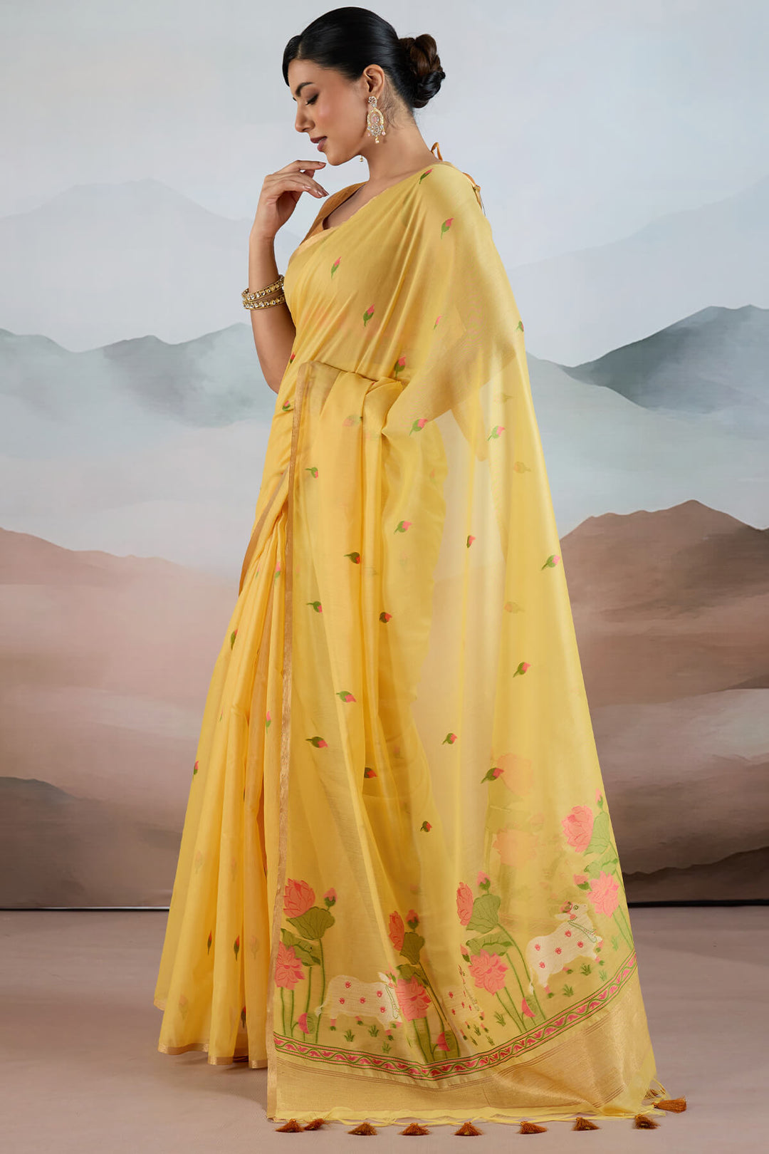 Straw Yellow Woven Spun Cotton Saree