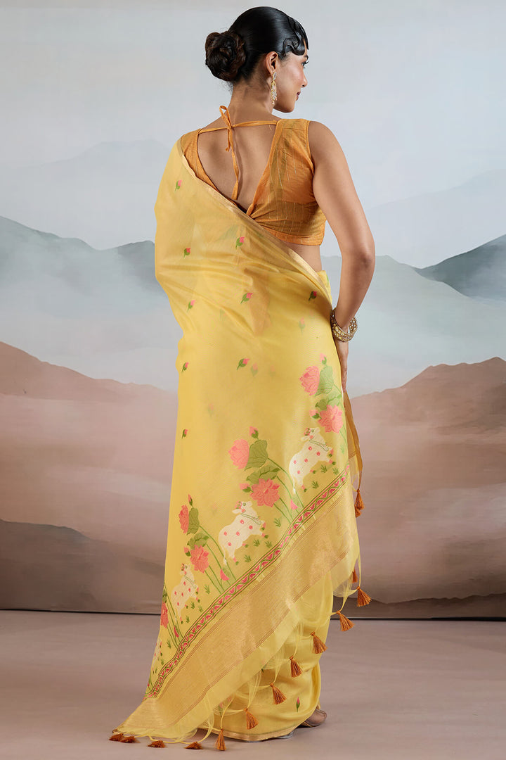 Straw Yellow Woven Spun Cotton Saree