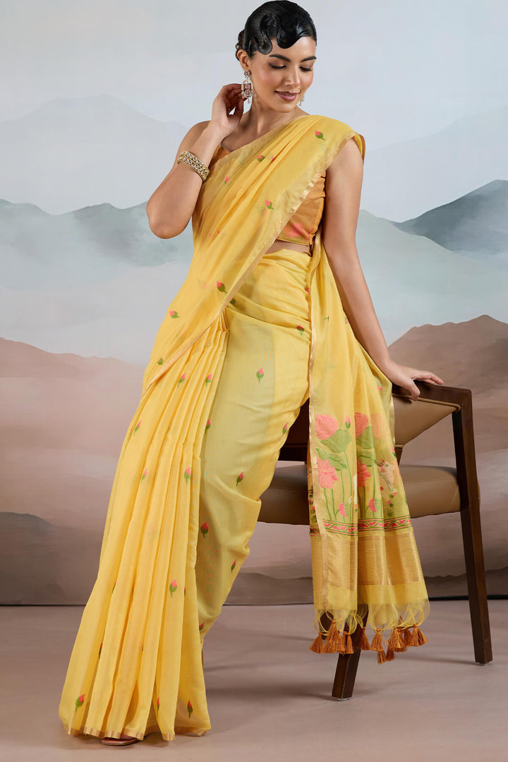 Straw Yellow Woven Spun Cotton Saree