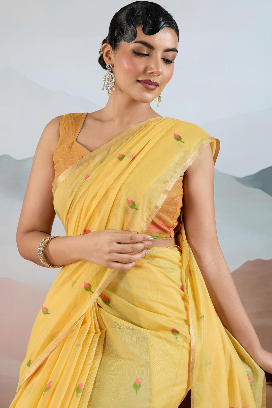 Straw Yellow Woven Spun Cotton Saree