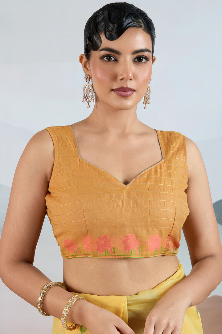 Straw Yellow Woven Spun Cotton Saree