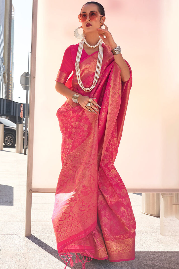 Strawberry Pink Zari Woven Kanjivaram Silk Saree