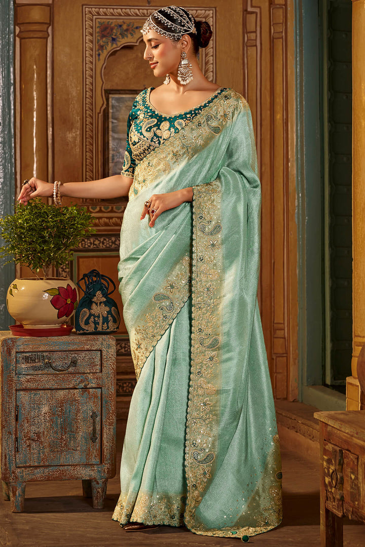 Summer Green Hand Work Viscose Saree with Stiched Blouse