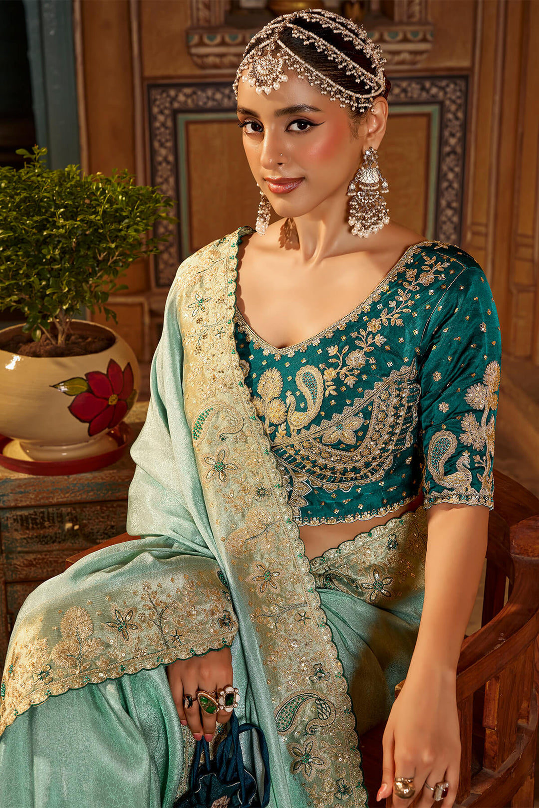Summer Green Hand Work Viscose Saree with Stiched Blouse