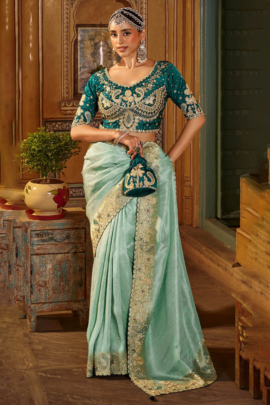 Summer Green Hand Work Viscose Saree with Stiched Blouse
