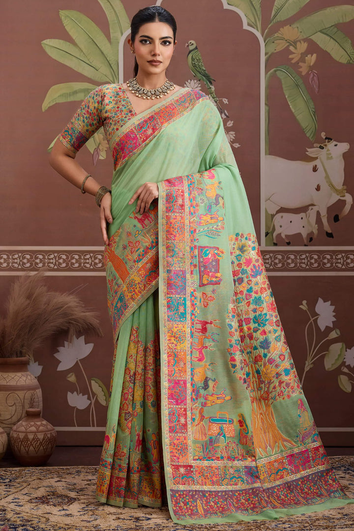 Summer Green Kashmiri Modal Pashmina Silk Saree