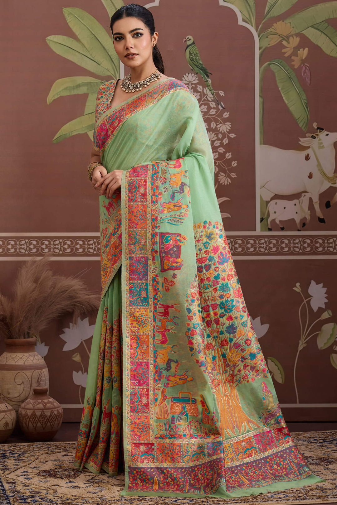 Summer Green Kashmiri Modal Pashmina Silk Saree