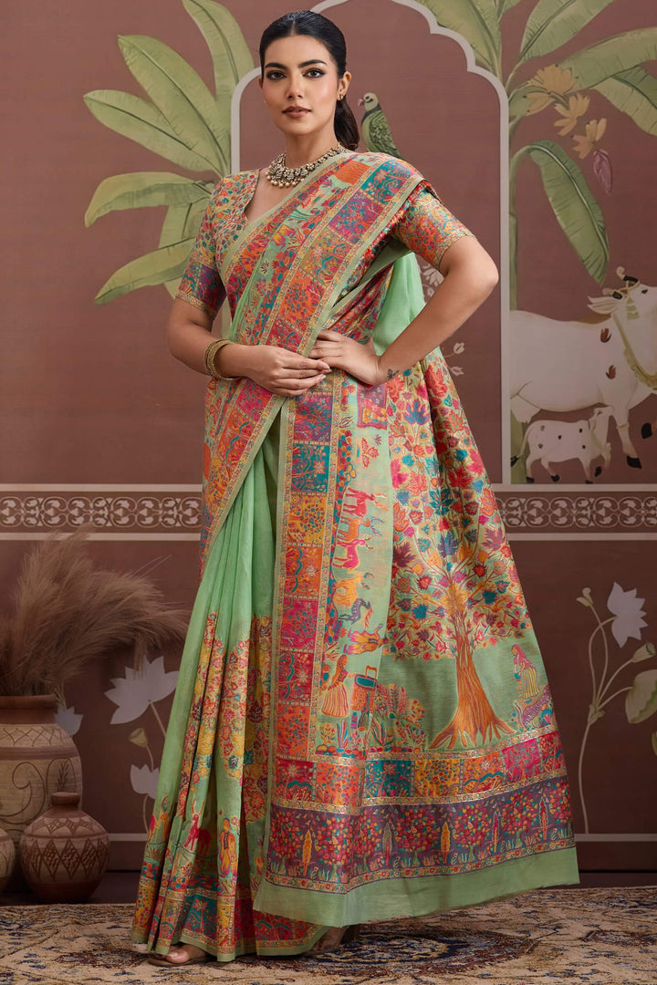 Summer Green Kashmiri Modal Pashmina Silk Saree