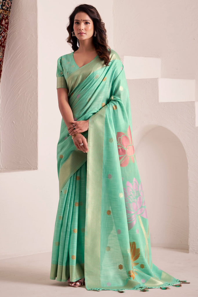 Summer Green Soft Linen Silk Saree
