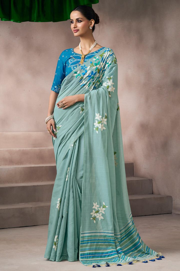 Summer Green Viscose Cotton Silk Saree with Embroidery Blouse