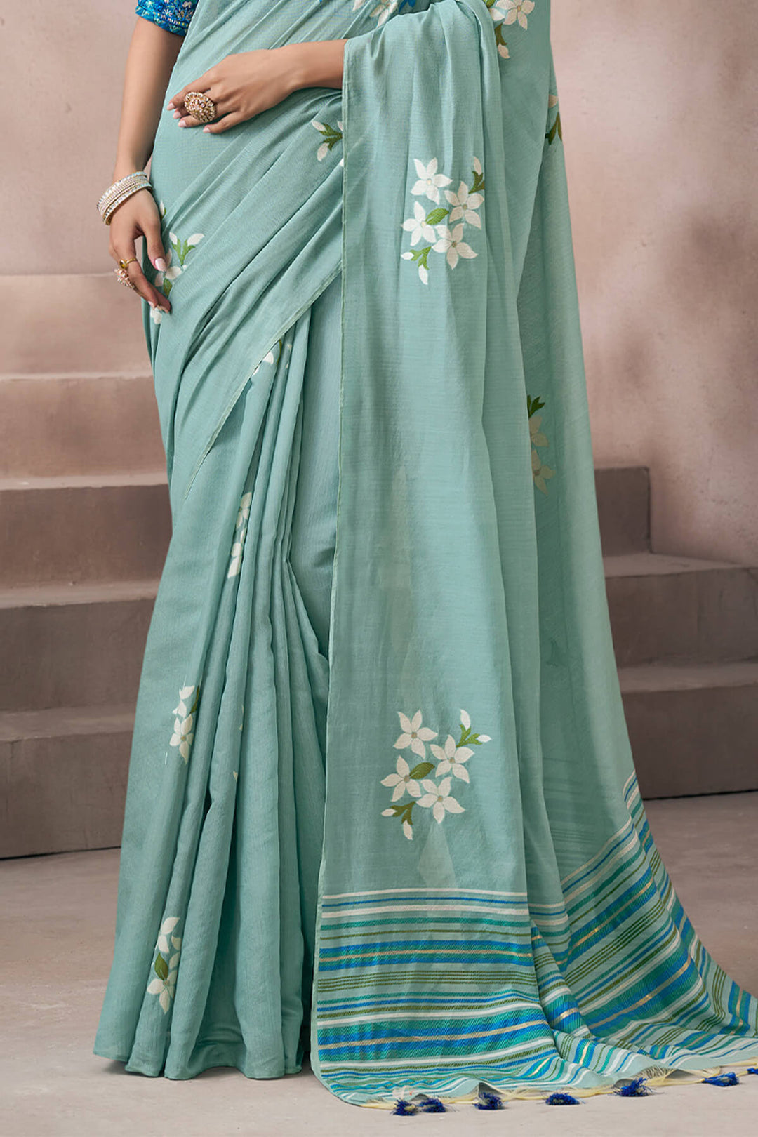 Summer Green Viscose Cotton Silk Saree with Embroidery Blouse