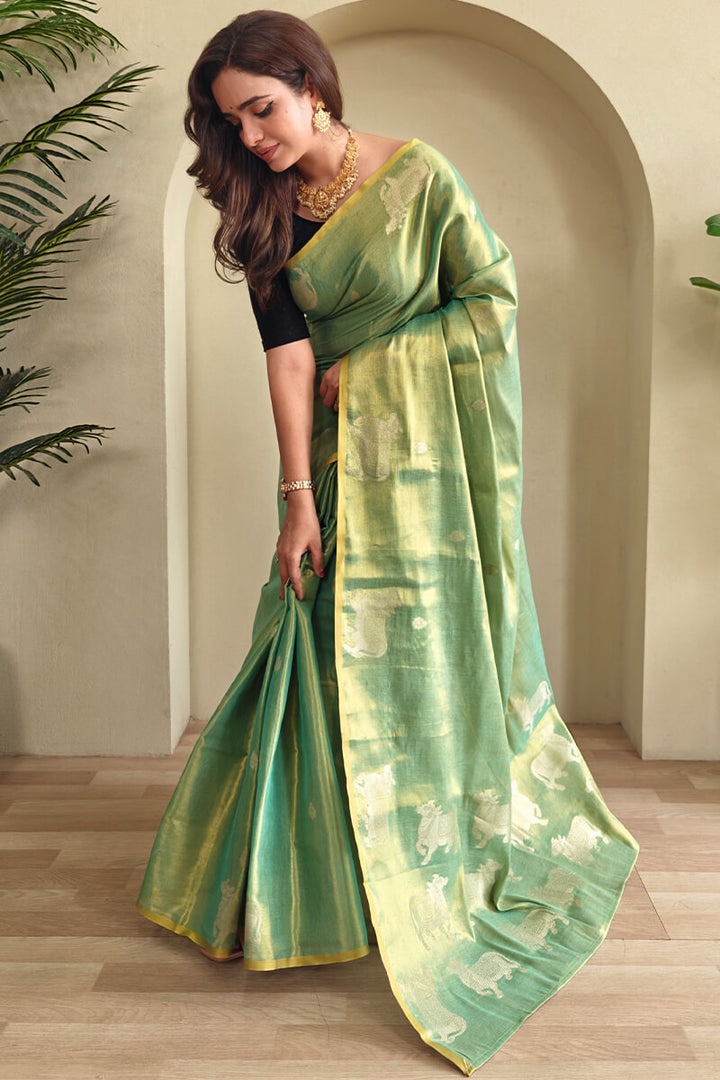 Summer Green Zari woven Banarasi Tissue Silk Saree