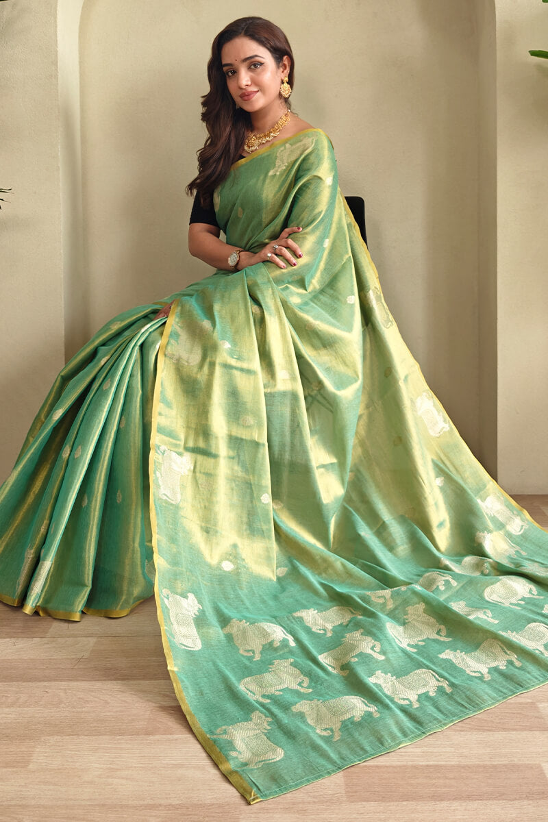 Summer Green Zari woven Banarasi Tissue Silk Saree