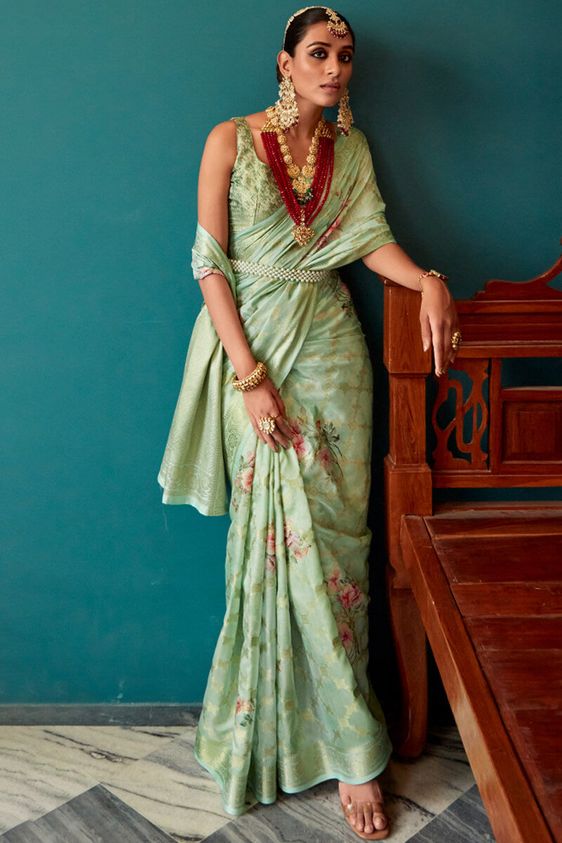 Summer Green Zari Woven Floral Printed Silk Saree