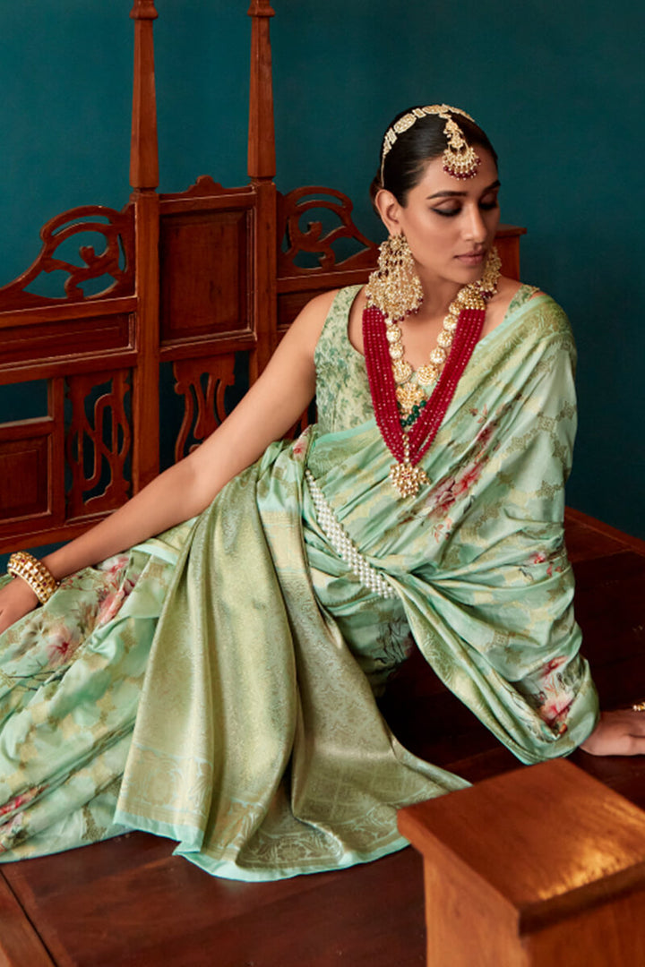 Summer Green Zari Woven Floral Printed Silk Saree