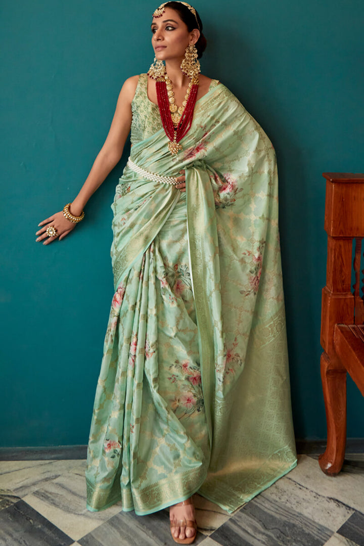 Summer Green Zari Woven Floral Printed Silk Saree