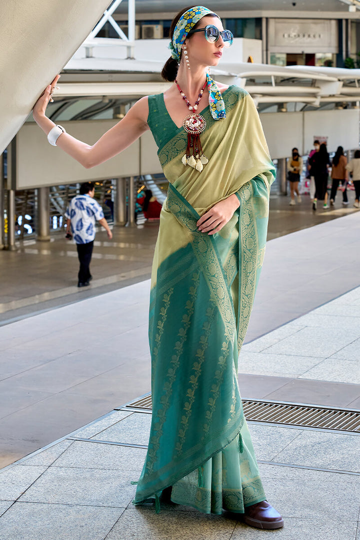 Summer Green Zari Woven Printed Soft Silk Saree