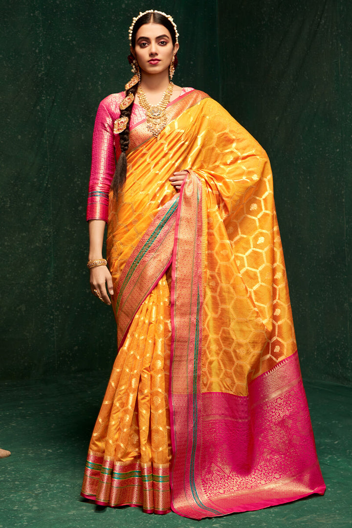 Sunglow Yellow Banarasi Cotton Silk Saree
