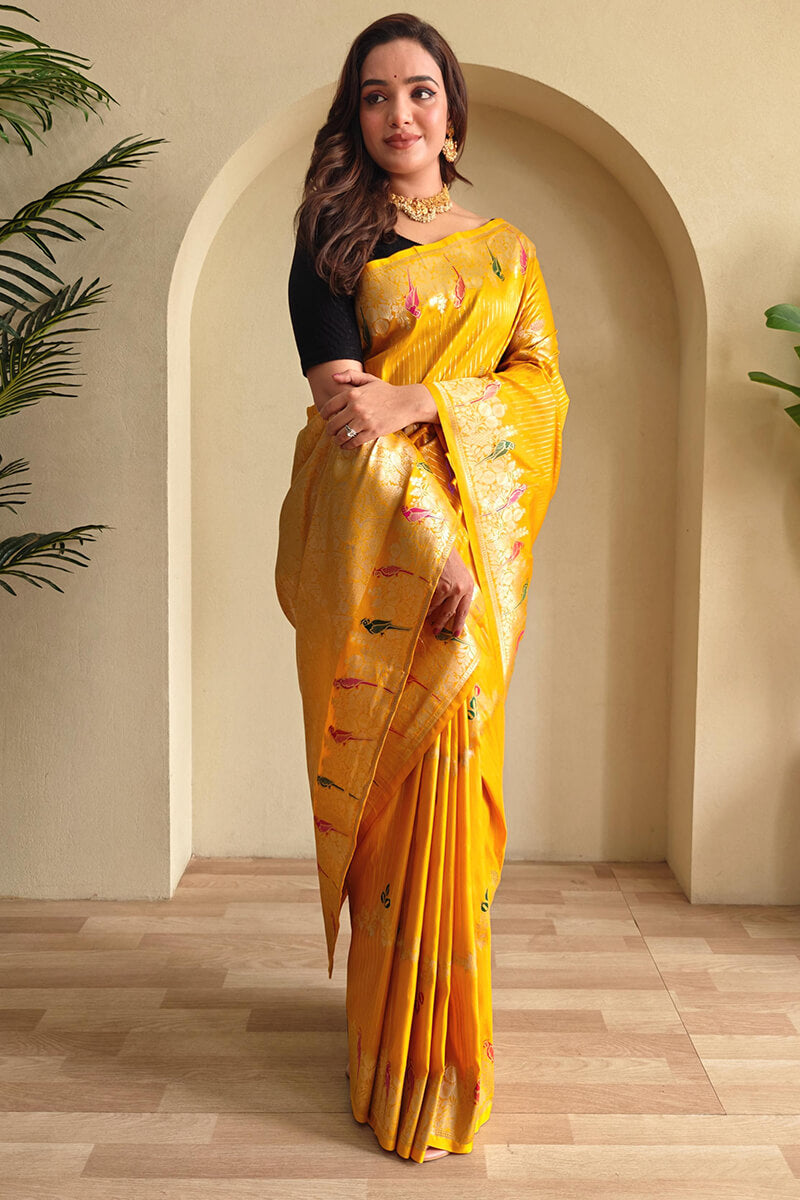 Sunglow Yellow Zari Wiven Banarasi Satin Silk Saree