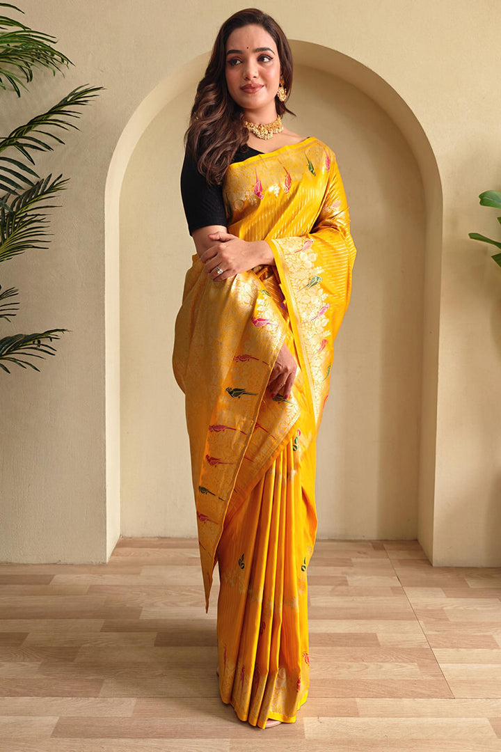 Sunglow Yellow Zari Wiven Banarasi Satin Silk Saree