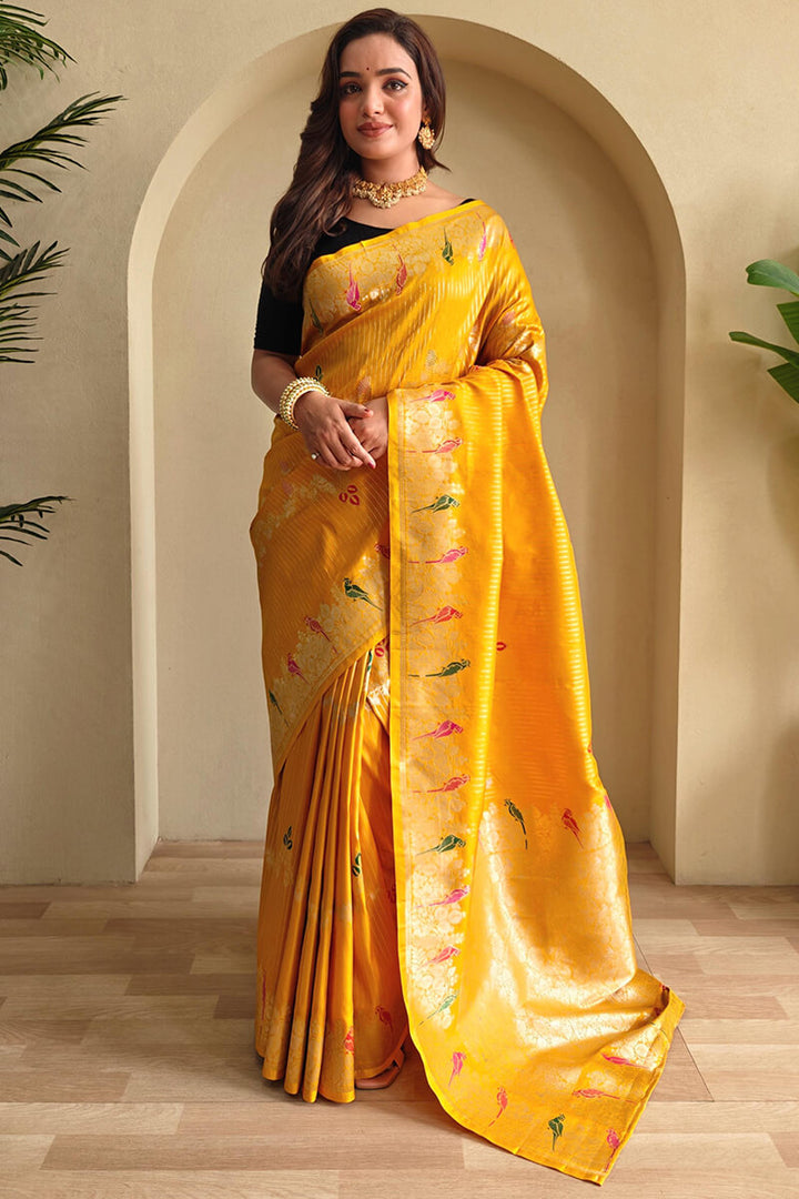 Sunglow Yellow Zari Wiven Banarasi Satin Silk Saree