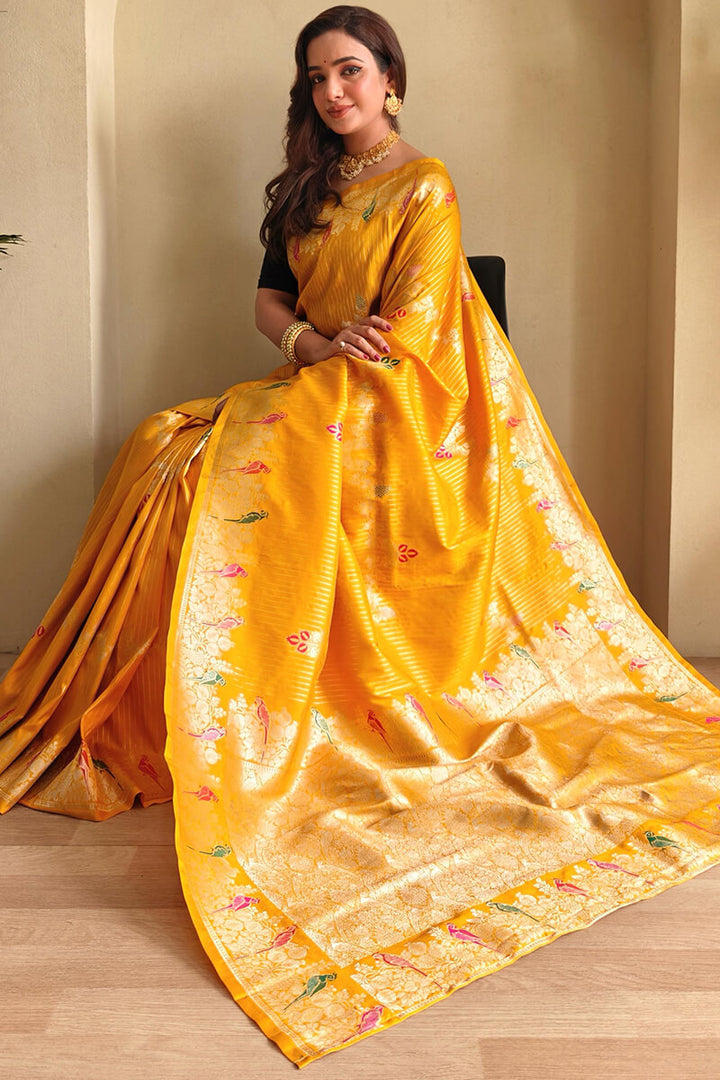 Sunglow Yellow Zari Wiven Banarasi Satin Silk Saree