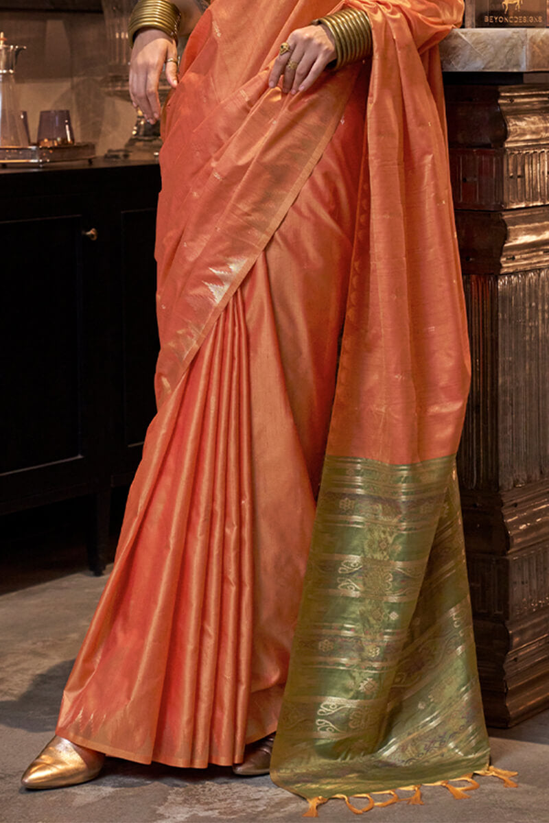 Sunrise Orange Handloom Banarasi Tussar Silk Saree