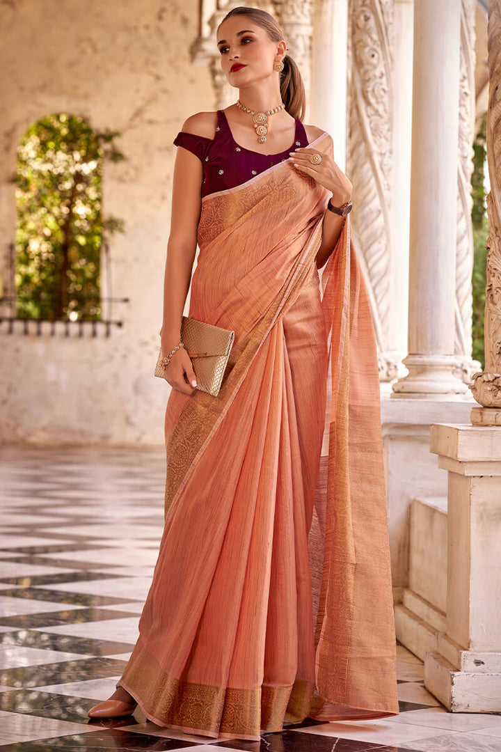 Sunrise Orange Tissue Linen Saree With Two Blouse Piece