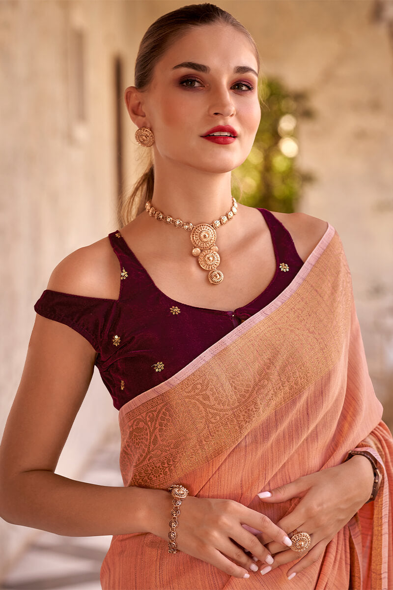 Sunrise Orange Tissue Linen Saree With Two Blouse Piece