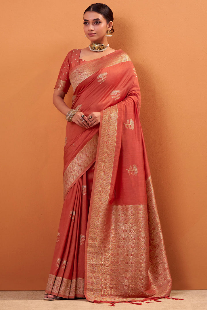 Sunset Orange Banarasi Tussar Silk Saree