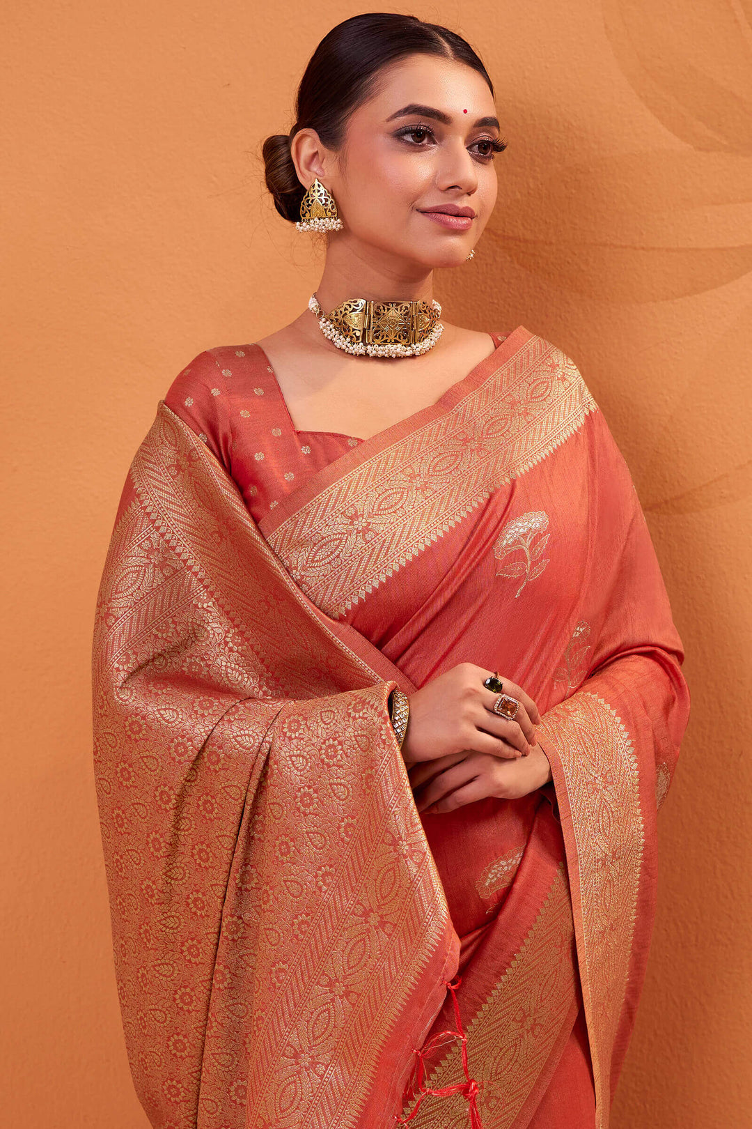 Sunset Orange Banarasi Tussar Silk Saree