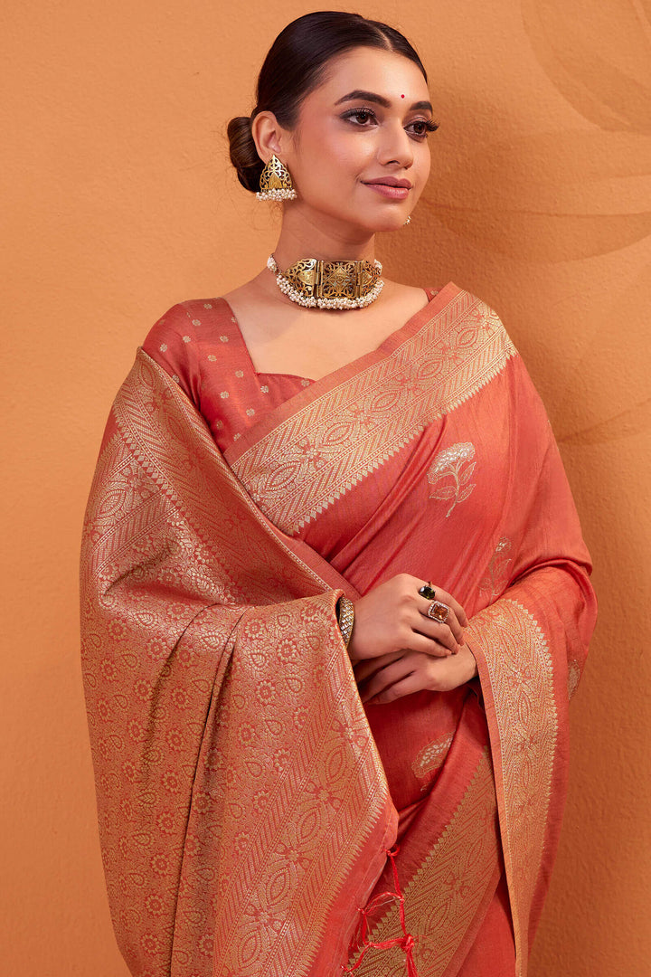 Sunset Orange Banarasi Tussar Silk Saree