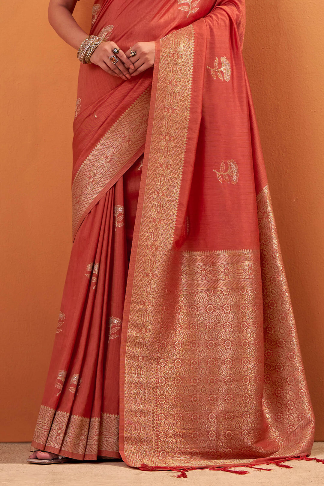 Sunset Orange Banarasi Tussar Silk Saree