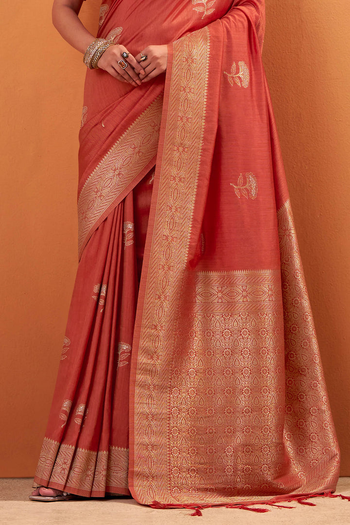 Sunset Orange Banarasi Tussar Silk Saree