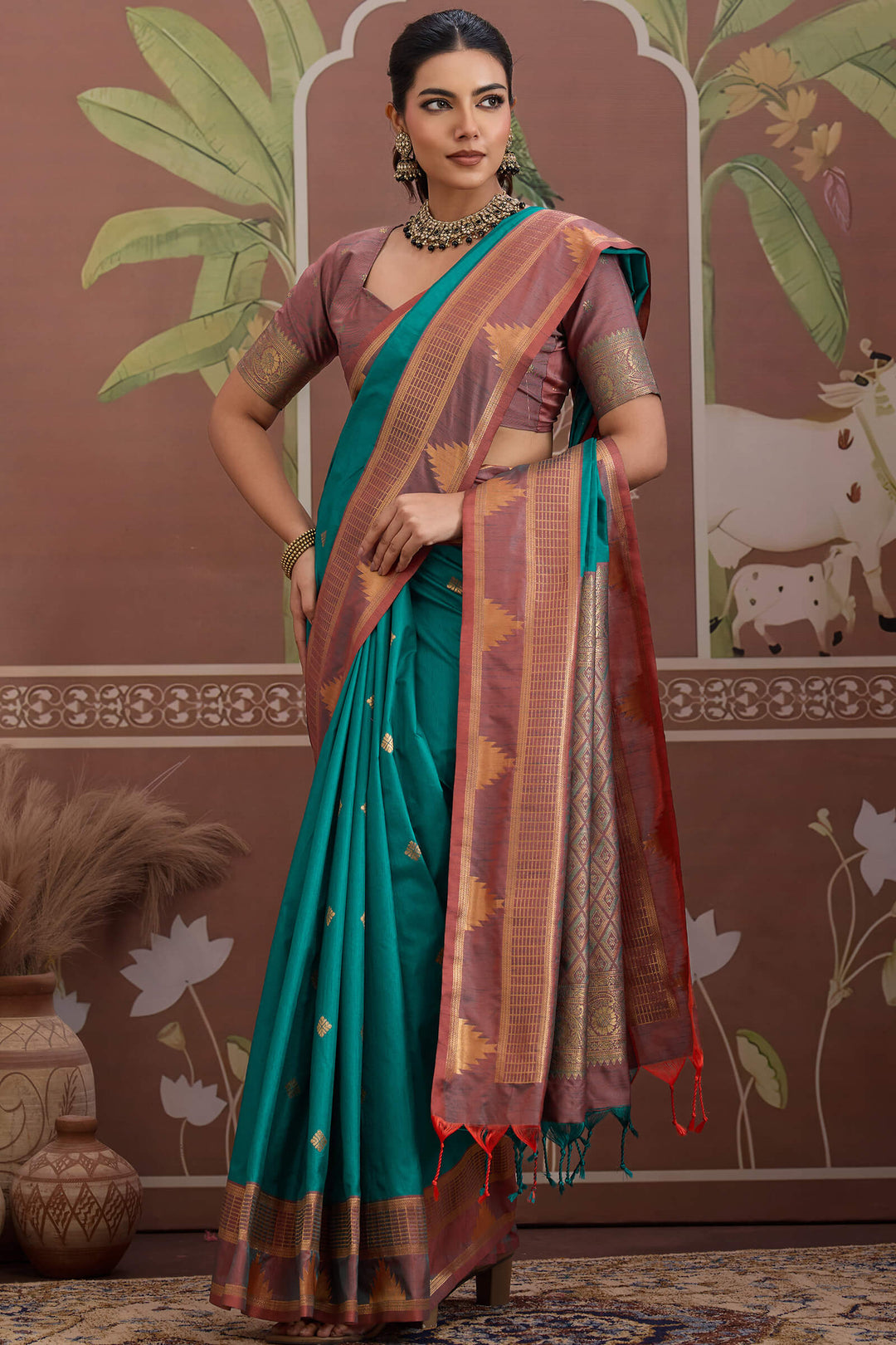 Surfie Green Banarasi Tussar Silk Saree