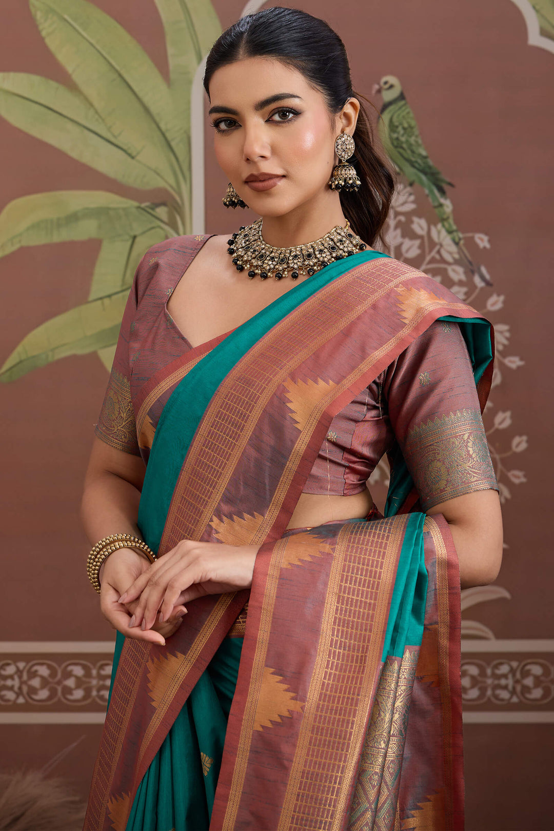 Surfie Green Banarasi Tussar Silk Saree