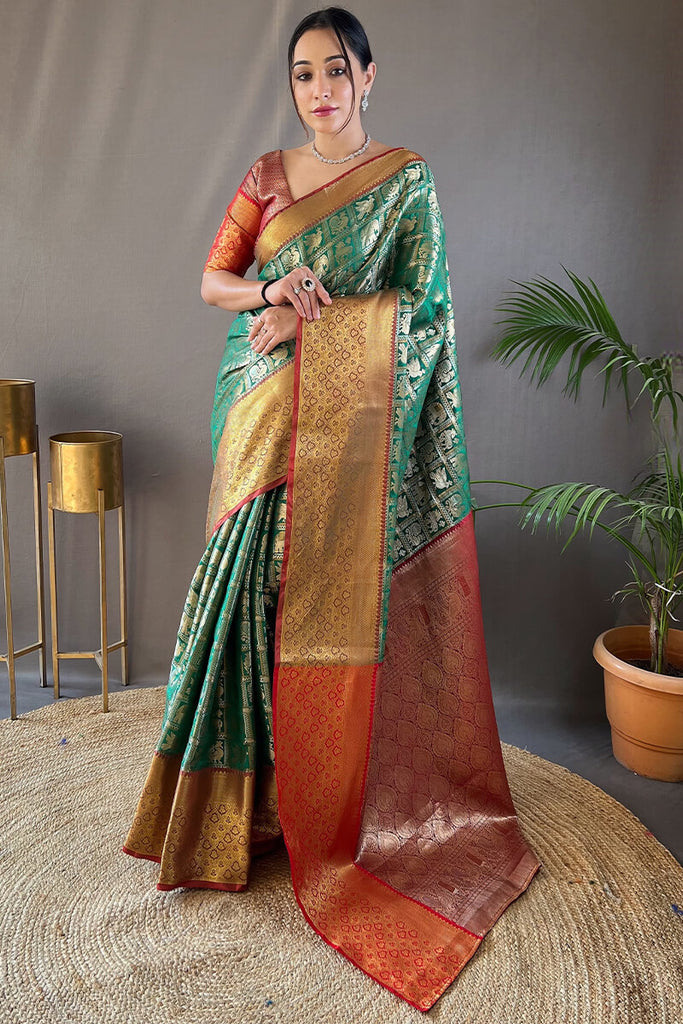 Surfie Green Kanjivaram Silk Saree