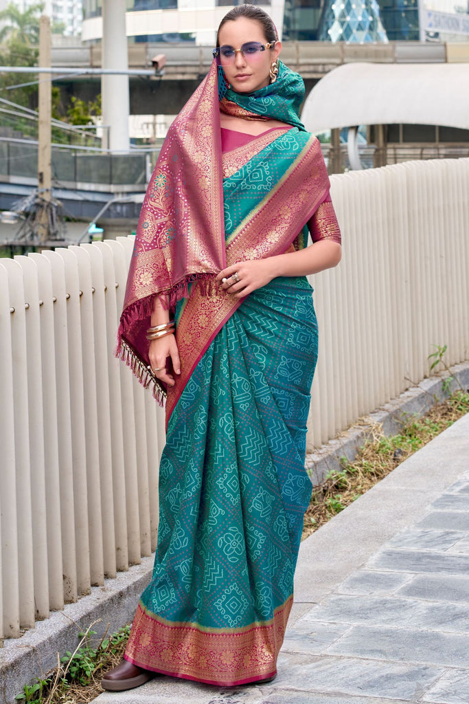 Surfie Green Soft Bandhani Saree