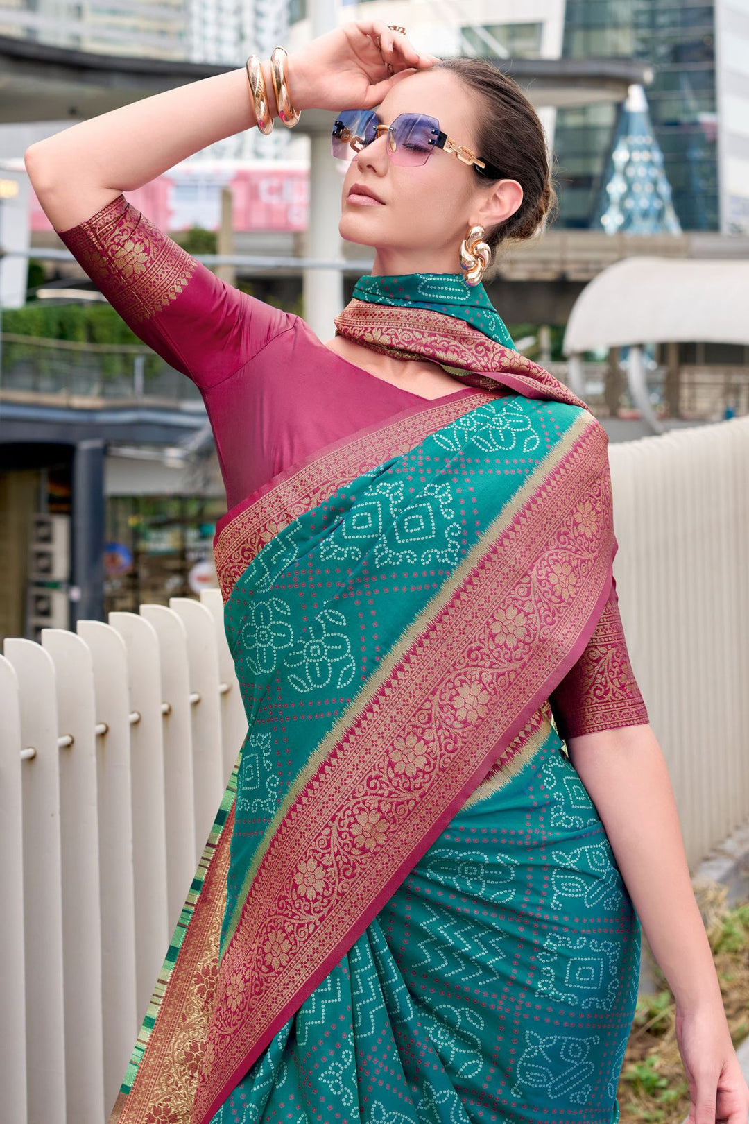 Surfie Green Soft Bandhani Saree