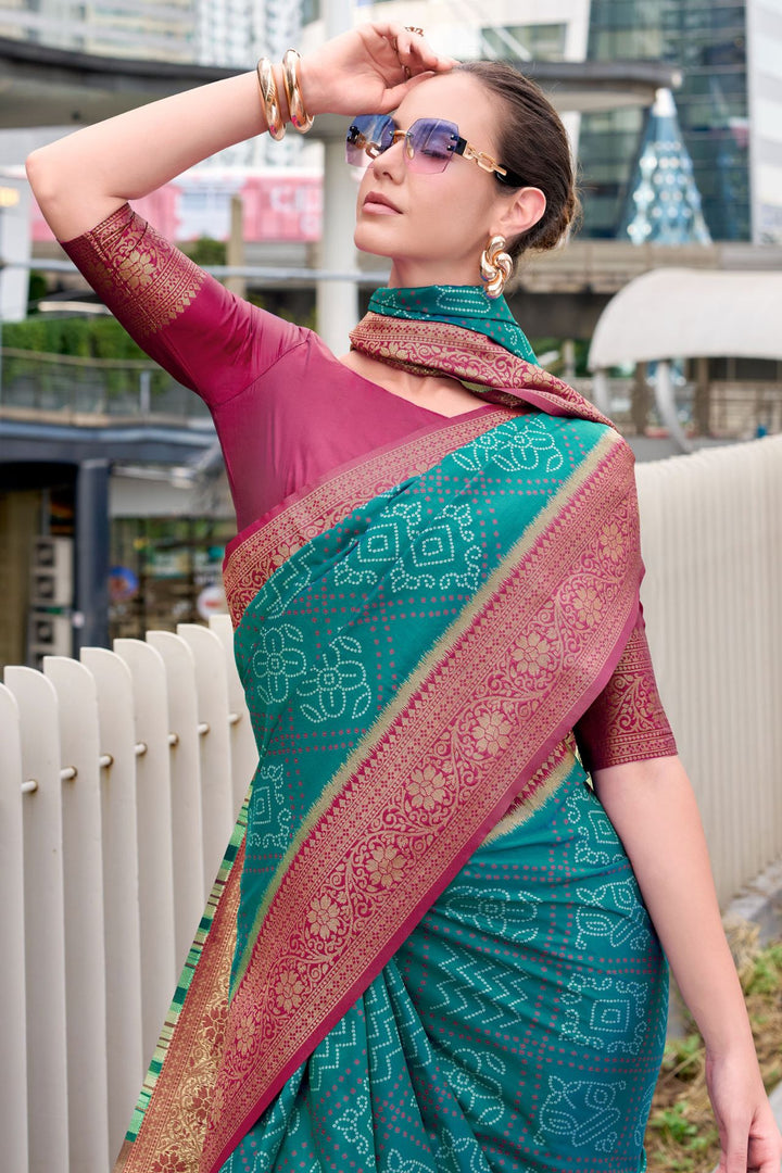 Surfie Green Soft Bandhani Saree