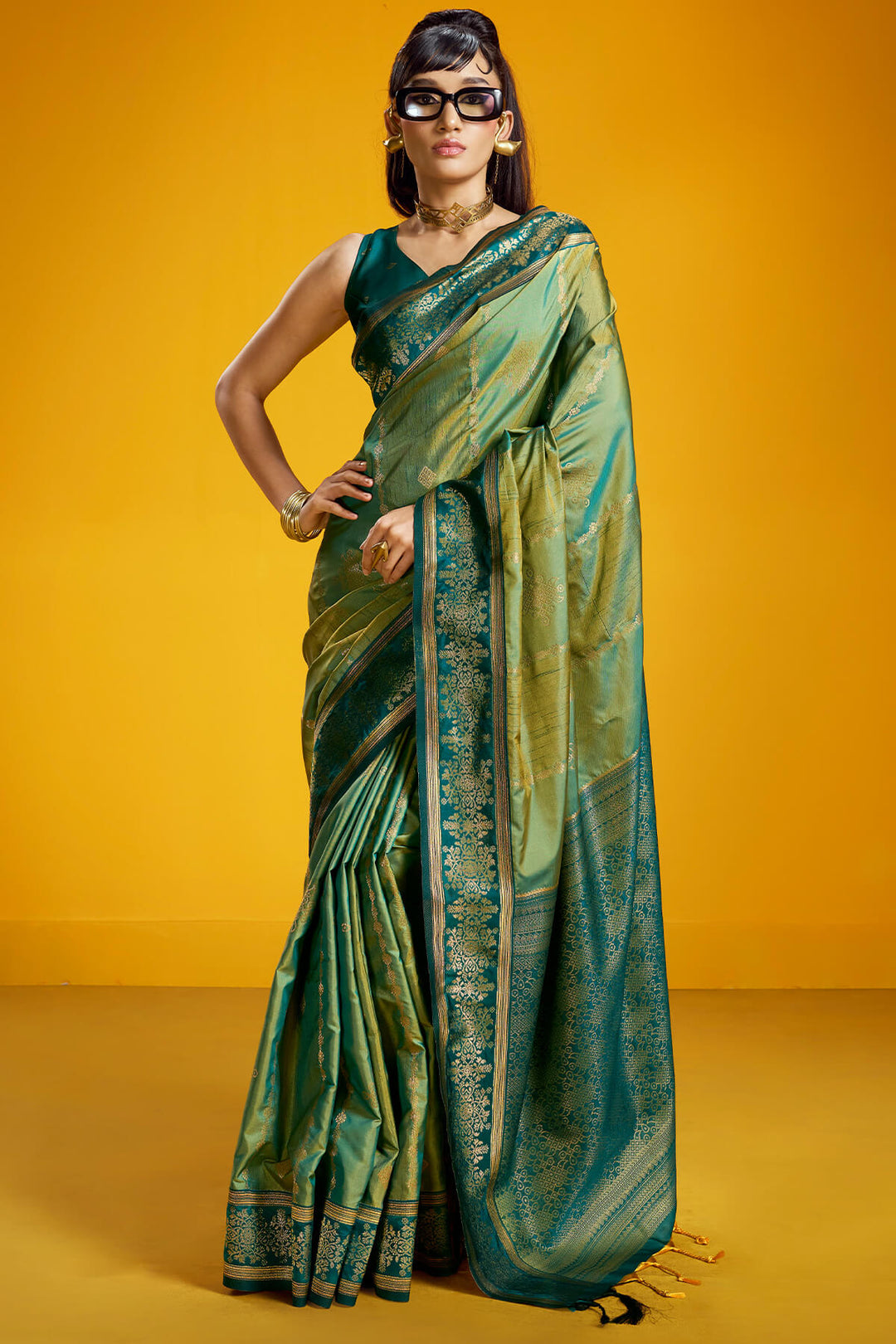 Surfie Green Zari Handloom Soft Banarasi Silk Saree