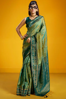 Surfie Green Zari Handloom Soft Banarasi Silk Saree