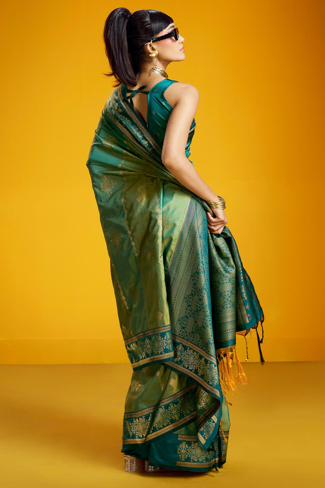 Surfie Green Zari Handloom Soft Banarasi Silk Saree