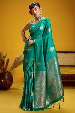 Surfie Green Zari Woven Banarasi Satin silk saree