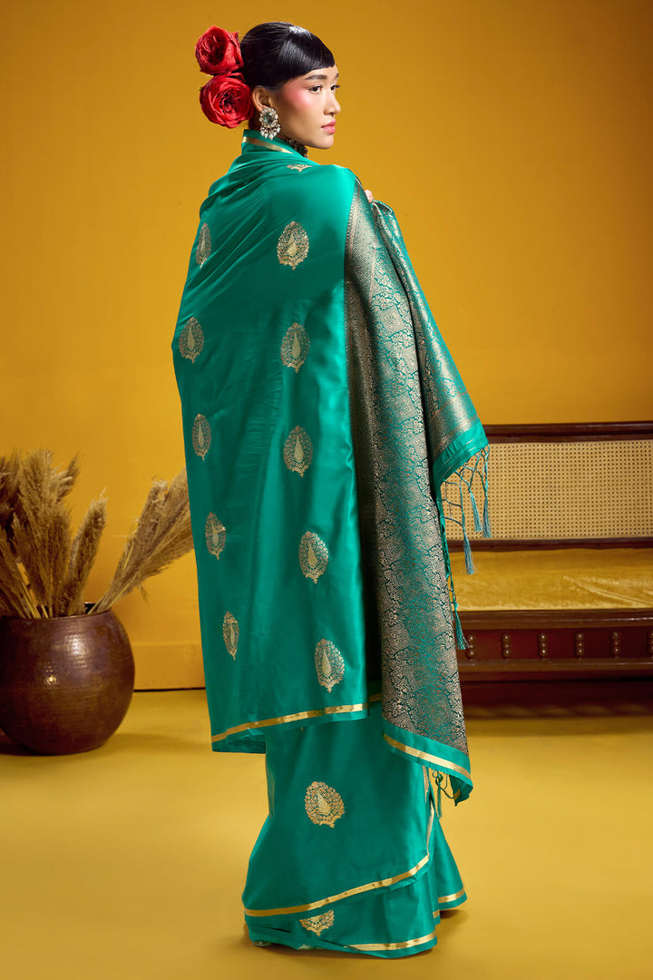 Surfie Green Zari Woven Banarasi Satin silk saree